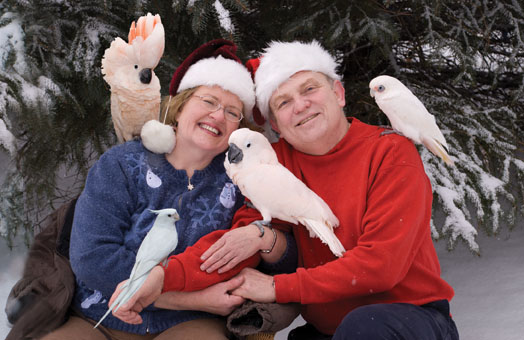 Ellen and her husband with their fabulous and feathery flock.